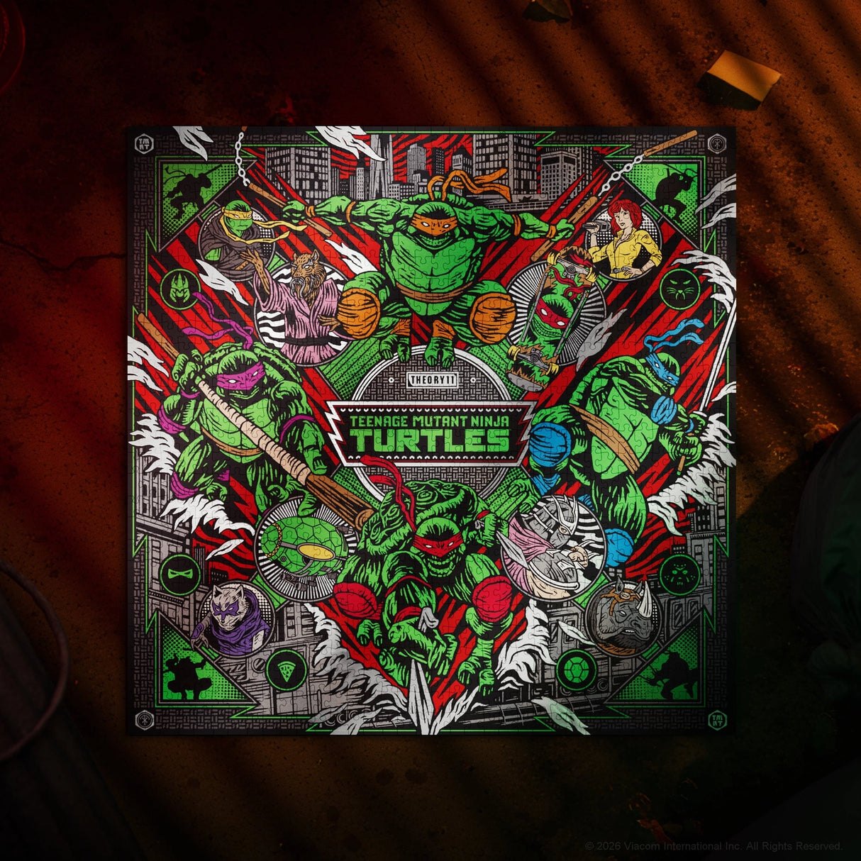 Poster of Teenage Mutant Ninja Turtles with vibrant colors on a dark background