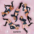 Five stylized fashion photos of a blonde model posed on a pink satin-like surface, wearing dark blazers, denim skirts, white bralettes, and black knee-high boots. The word 'KATSEYE' appears at the bottom.