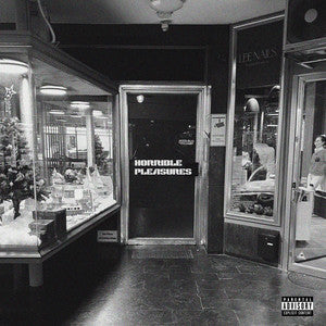 Black and white interior of a store with 'Horrible Pleasures' sign.