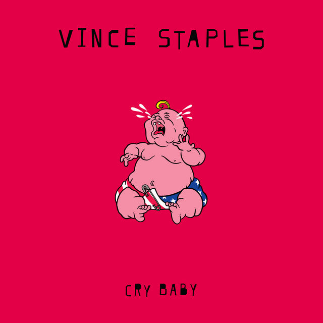 Album cover for 'Cry Baby' by Vince Staples with a cartoon character on a red background.