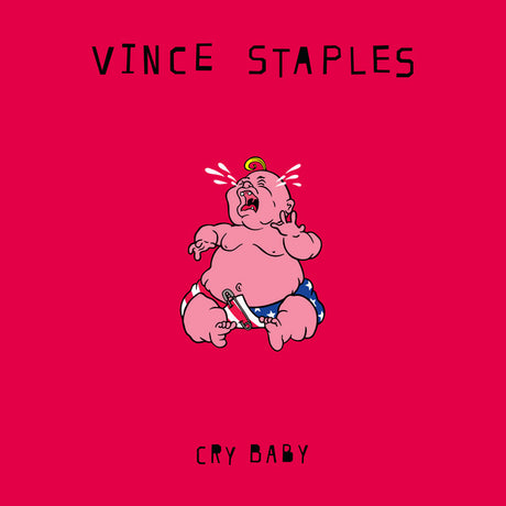 Album cover for 'Cry Baby' by Vince Staples with a cartoon character on a red background.