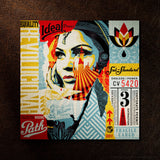 A square graphic print or poster featuring a stylized collage portrait of a woman's face with bold text and geometric patterns, placed on a dark brown textured surface. The artwork includes prominent text such as 'Equality', 'Idea Power', 'Wrong Path', 'CV 5420', and 'Fragile Cargo'.