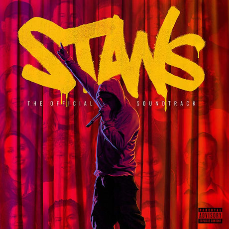 Album cover with a person holding a microphone against a red curtain background, featuring the title 'STANS' and 'The Official Soundtrack'.