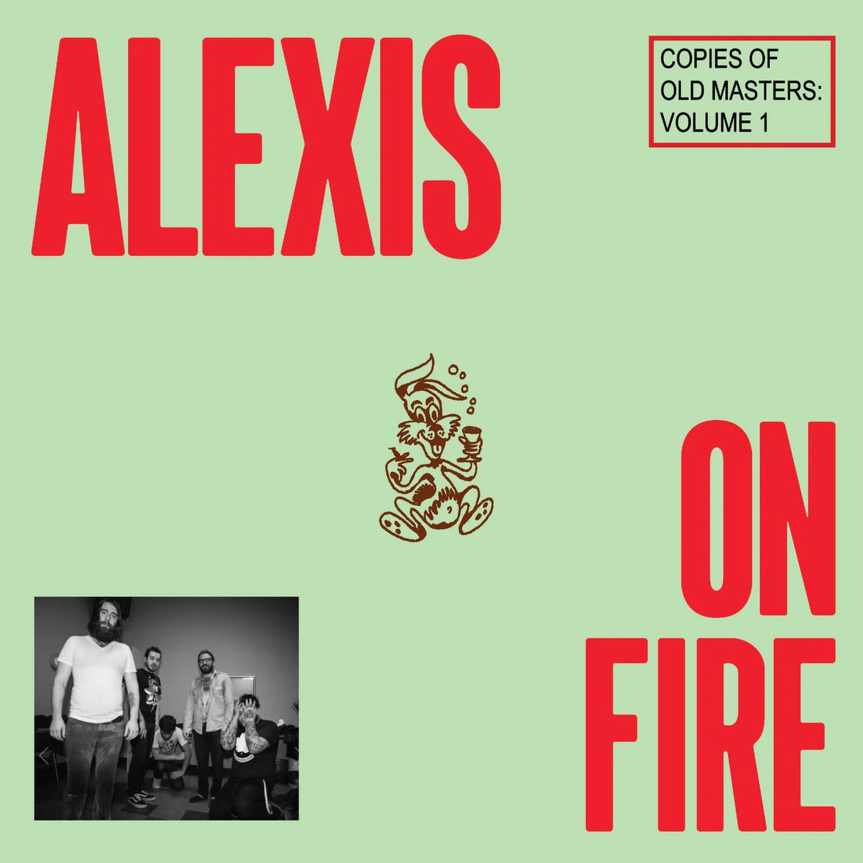 Album cover with 'ALEXIS' and 'ON FIRE' in red text on a light green background.