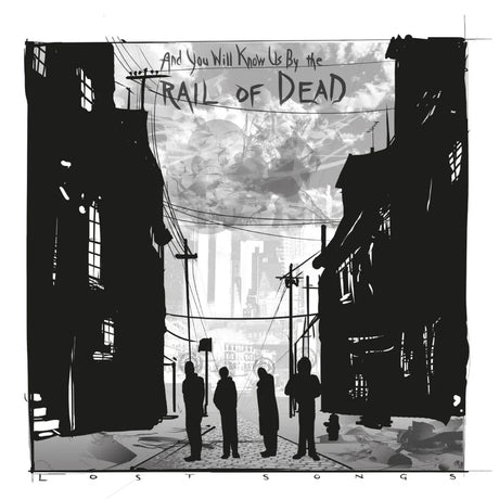 Black and white illustration of a city street with people walking, featuring text 'And You Will Know Us By The Trail Of Dead'.