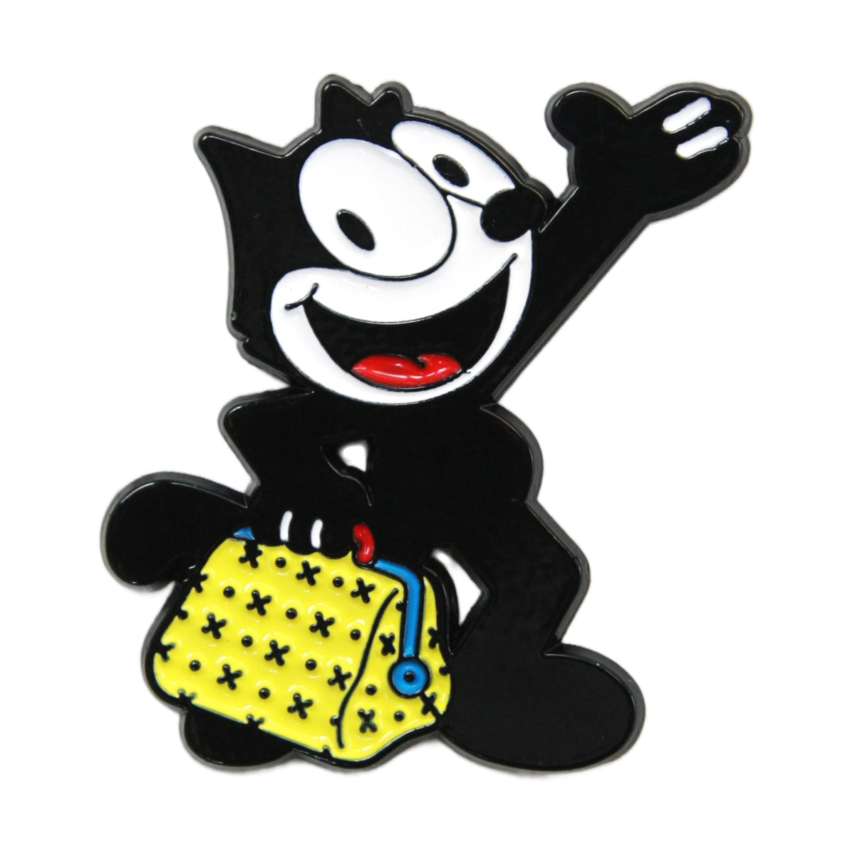 A cartoon enamel pin of a waving black cat holding a yellow patterned purse, isolated on a white background.