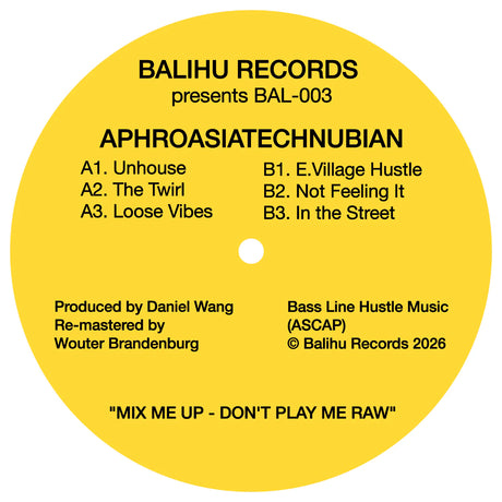 Yellow record label with text for Balihu Records featuring a music tracklist.