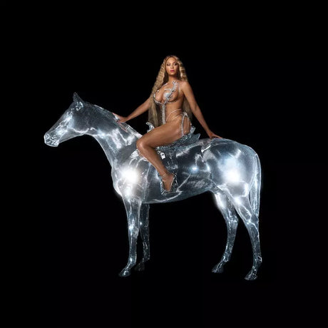Woman riding a horse with a reflective surface on a black background