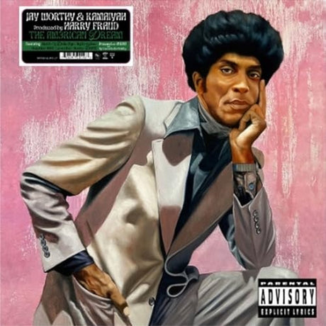 Album cover with a person in a suit against a pink background