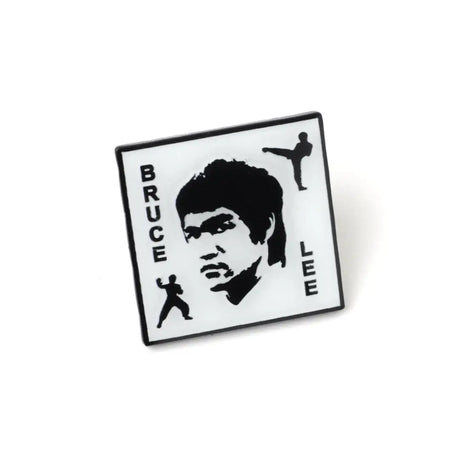 Square patch with Bruce Lee's portrait and silhouette of a martial artist on a white background