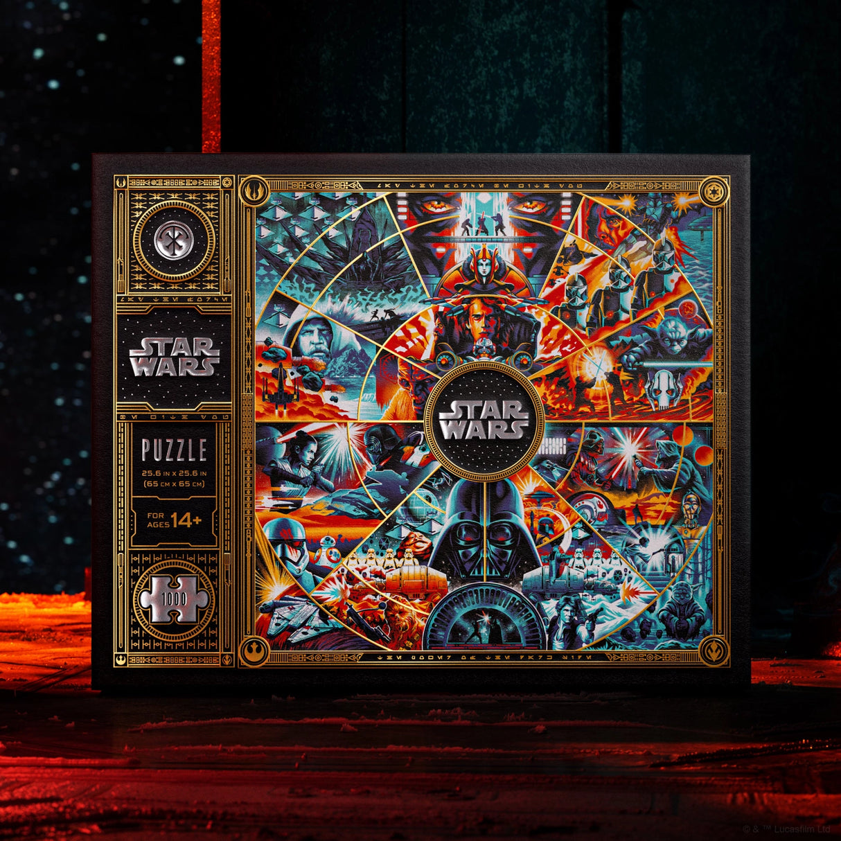 Star Wars puzzle box with colorful design and 'Star Wars' branding on a dark background.