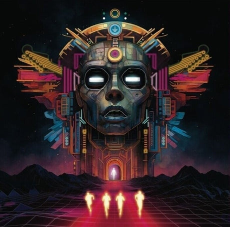 Artistic depiction of a futuristic mask with glowing eyes and a stylized landscape.