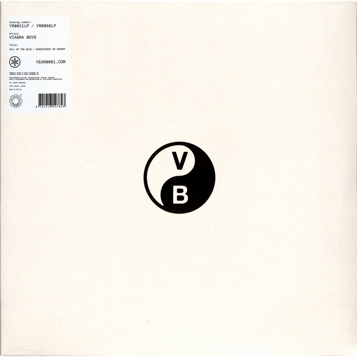 Vinyl record cover with a black logo on a beige background