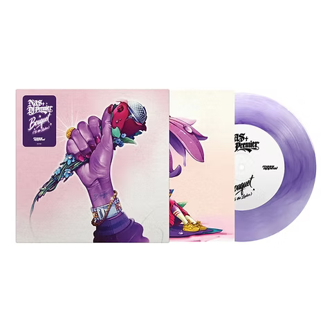 Vinyl record with a colorful cover featuring a hand holding a microphone and a purple sleeve.