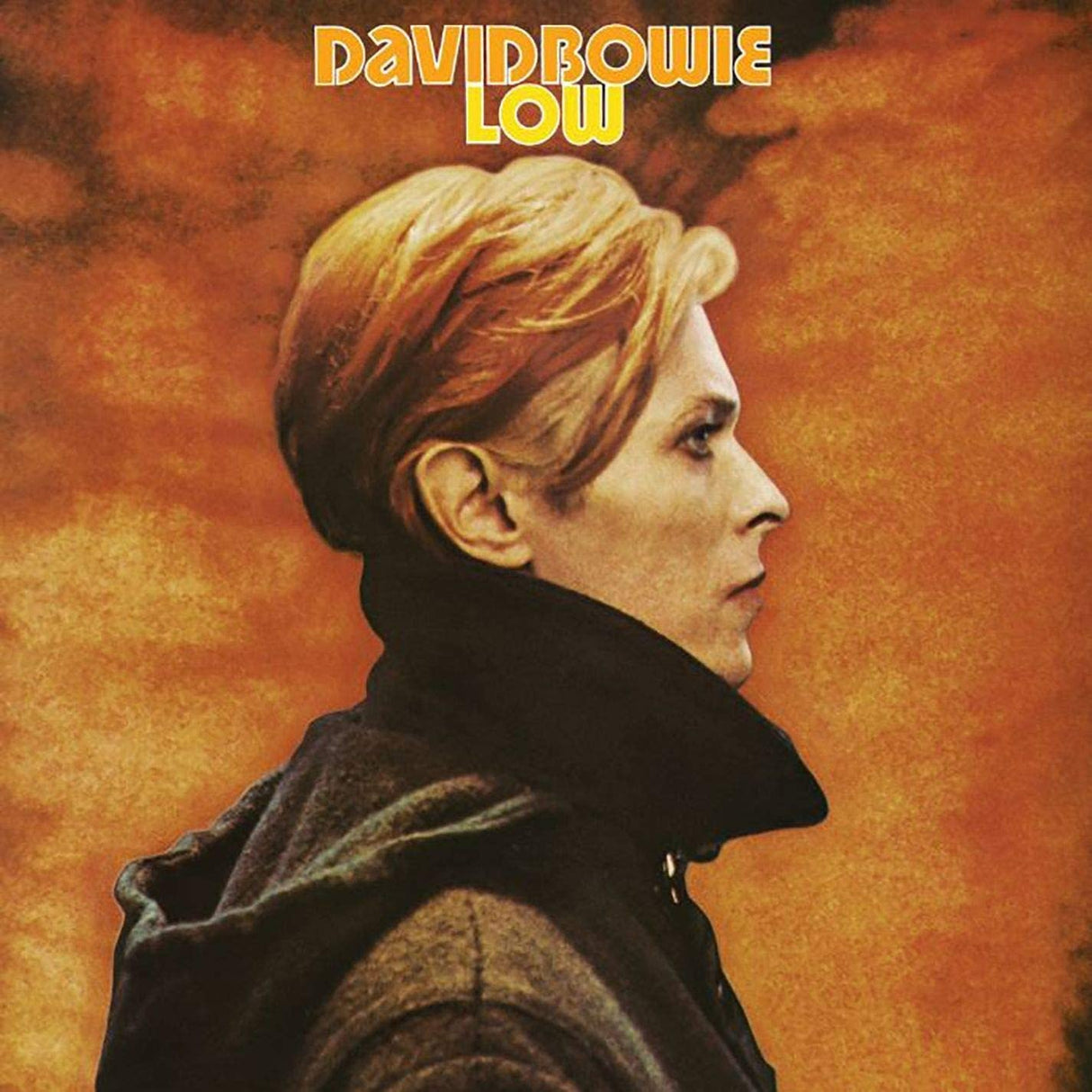 Album cover with a profile of a person against an orange background, featuring the text 'David Bowie Low'.