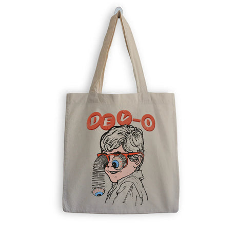 Tote bag with a graphic of a character wearing glasses and 'DEVO' text on a beige background