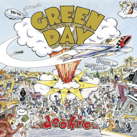 Album cover for 'Dookie' by Green Day with cartoon-style illustrations and text.