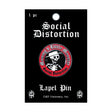 A Social Distortion lapel pin on its original black backing card. The pin is circular with a red border, white gothic text, and a black center featuring a white skull wearing a hat with a cigarette holder.