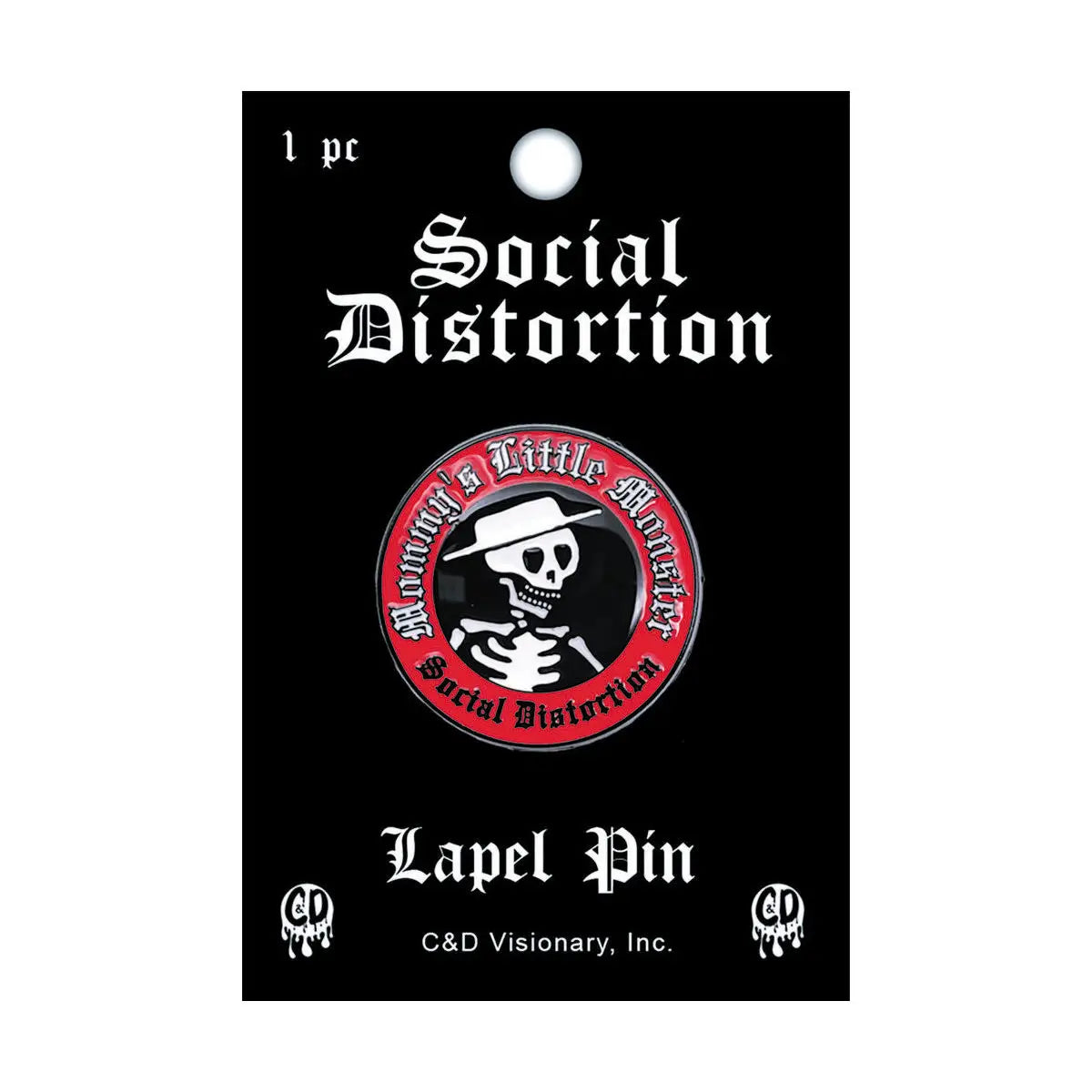 A Social Distortion lapel pin on its original black backing card. The pin is circular with a red border, white gothic text, and a black center featuring a white skull wearing a hat with a cigarette holder.