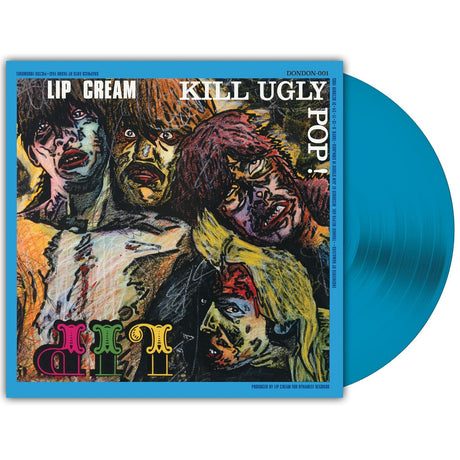 Vinyl record with a colorful cover featuring faces and text, on a white background.