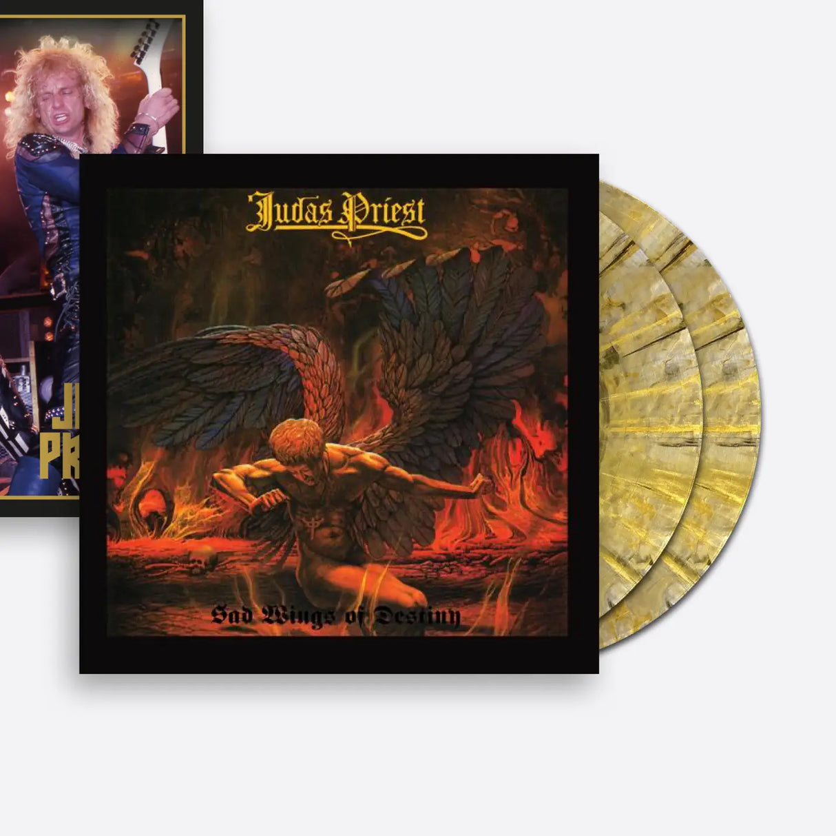 Vinyl record with 'Judas Priest' album cover featuring an angelic figure and fiery background.