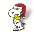 Snoopy wearing a Santa hat with a yellow handkerchief on a white background