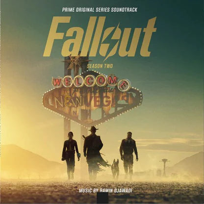 Album cover for 'Fallout Season Two' with 'Welcome to the New Vegas' sign and silhouettes of characters in a desert setting.