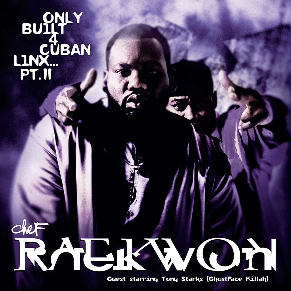 Album cover with a person in a hooded outfit and text 'Only Built 4 Cuban Linx... Pt. II' by Raekwon.