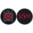Two black round coasters with Slayer logo on a white background