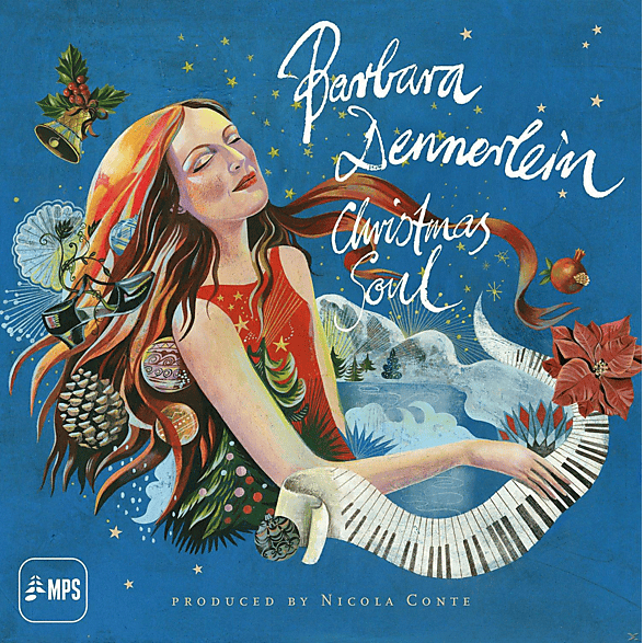 Album cover for 'Christmas Soul' by Barbara Dennerlein with a stylized illustration of a woman and piano keys.