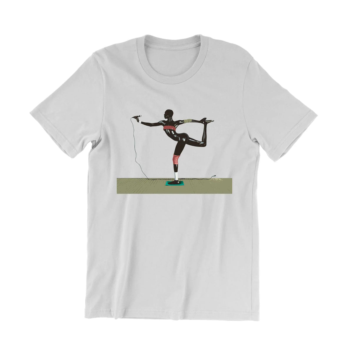 A white short-sleeve crewneck t-shirt featuring a graphic print of a person in a black and red athletic outfit performing a yoga pose on a balance board, set against a plain white background.