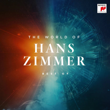 Album cover for 'The World of Hans Zimmer: Best of' featuring a dramatic blue and orange light burst background with white text and a Sony Classical logo in the top right corner.