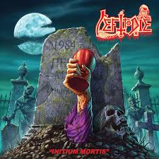 Album cover with a hand holding a red cup, tombstones, and a moon in the background.