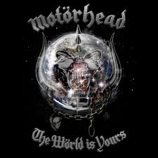 Motorhead 'The World Is Yours' album cover artwork featuring a skull inside a transparent orb with a chain and spikes on a black background.