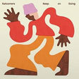 Album cover art for Kutencomers' 'Keep on Going', featuring a stylized, abstract illustration of a person in a red top, orange pants, and a purple hat on a cream background.