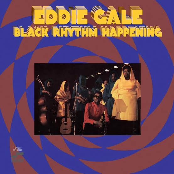 Eddie Gale 'Black Rhythm Happening' album cover, featuring a central band photograph framed by a blue and maroon abstract spiral design with bold yellow title text at the top.