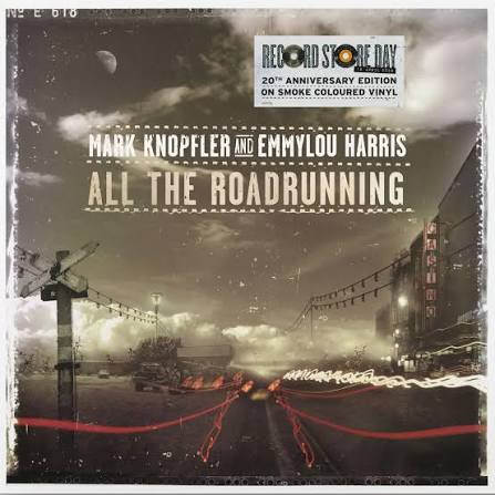 Album cover for 'All The Roadrunning' by Mark Knopfler and Emmylou Harris with a vintage street scene and smoke-colored vinyl text.