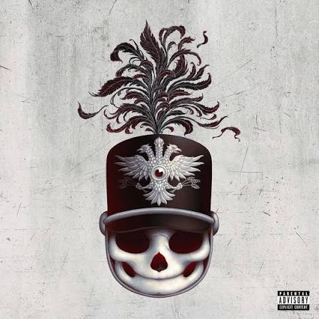 A stylized skull wearing a dark red military-style peaked cap with a silver eagle emblem and a tall dark feather plume, centered on a textured light gray background. A Parental Advisory label appears in the lower right corner.