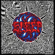Album cover with abstract design and text in red and blue on a black and white patterned background