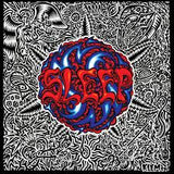 Album cover with abstract design and text in red and blue on a black and white patterned background
