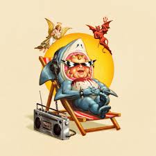 Illustration of a shark in a deck chair with a boombox, surrounded by angels and demons on a beige background.