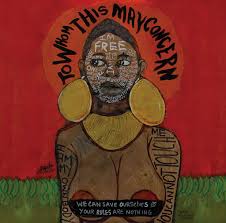 Artistic depiction of a figure with text and symbols on a red and green background