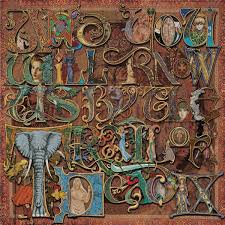 Decorative collage with stylized letters and illustrations on a textured background