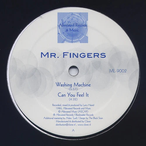 Record label for 'Mr. Fingers' with text and logo on a black background