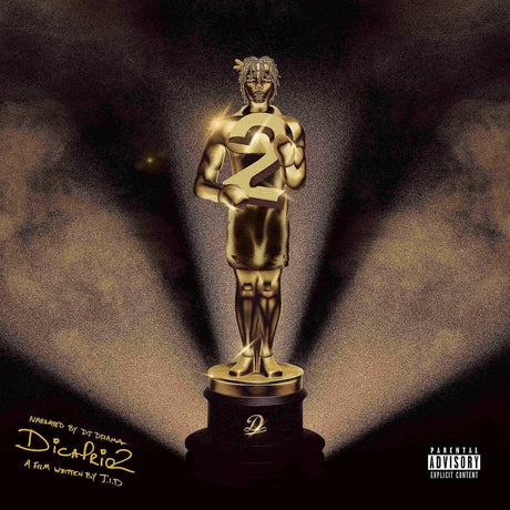 Gold statue with number '2' on a dark background, featuring a parental advisory label.