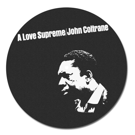 Round coaster with John Coltrane's portrait and 'A Love Supreme' text on a black background