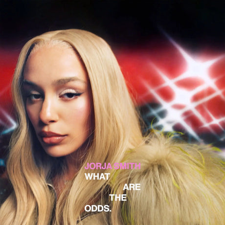 Album cover art for Jorja Smith's 'What Are The Odds.' featuring a close-up portrait of the artist with long blonde hair and a textured beige fur collar against a dark background with red and white light effects.
