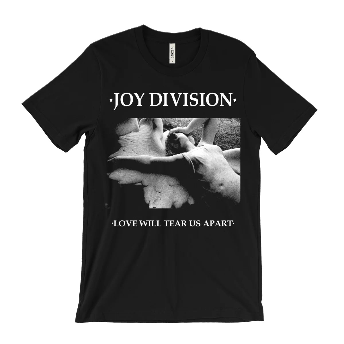 Black t-shirt with 'Joy Division' graphic and text on a white background