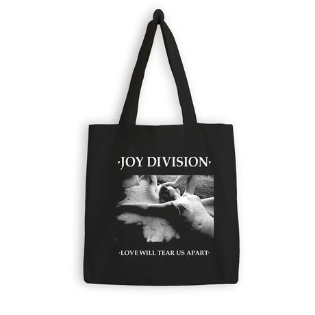 Black tote bag with 'Joy Division' design and text on a white background