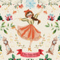 Illustration of a girl in a festive outfit with Christmas elements on a patterned background.